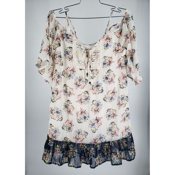 AUW Dresses & Skirts - AUW Blouse Tank Top Dress Lave Accent Floral Dual Tone Multicolor Size L